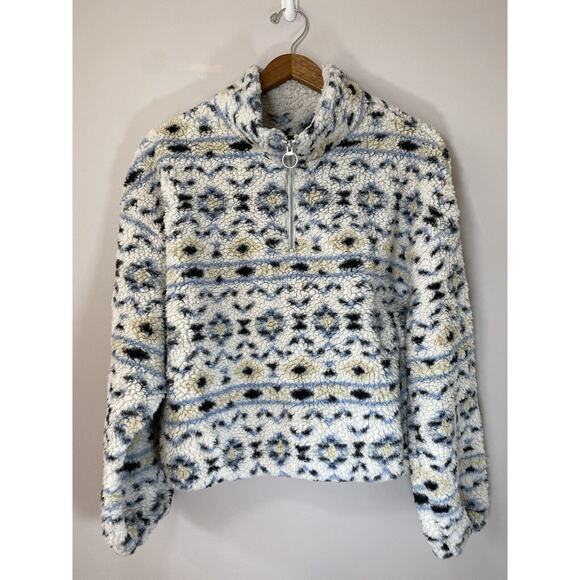 Love Tree Wubby Cream Blue Aztec‎ Western Tribal Print 1/4 Zip Pullover - Picture 1 of 9